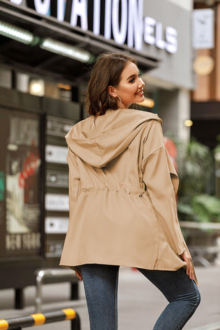 Solid color mid-length hooded trench coat