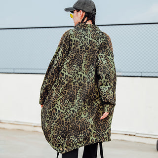 Leopard Print Camouflage Rivet European Street Heavy Industry Trench Coat