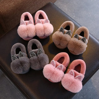 Indoo Children Cotton Shoes Winter Warm Pink Furry Rabbit Ears Cat Pattern Non-slip Baby Girl Slippers Kids Shoes Slippers Kids