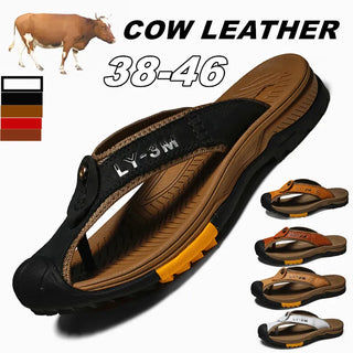Genuine Cow Leather Shoes Men Sandals Mens Flip Flops Men's Casual Shoes Classic Massage Beach Slippers Anti-slip Summer 2021