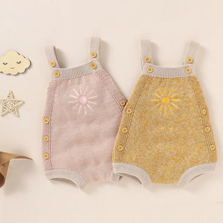 Breathable Baby Girls Boys Romper, Sweet Style Infant Summer Creative Sun Embroidery Sleeveless Knitted Suspender Jumpsuit