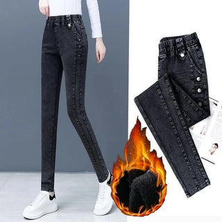 High Waist Winter Stretch Jeans Women Velvet Lined Vintage Wash Slim Pencil Vaqueros Oversize 32 Thicken Warm Skinny Denim Pants