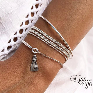 3PCS/Set Silver Color Bracelet Round Bead Chain Bracelet Multi-Layer Tassel Bracelet for Women Chain Bangle Girls Wrist Jewelry