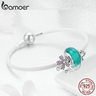 BAMOER Authentic 925 Sterling Silver Daisy Flower Green Glass Beads Strand Charms Bracelets for Women 925 Silver Jewelry SCB822