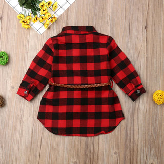 2019 Brand New Christmas Infant Kid Baby Girl Long Shirt Dress Tops Long Sleeve Red Plaid Straight Knee-Length Dress +Belt 0-5Y