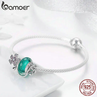 BAMOER Authentic 925 Sterling Silver Daisy Flower Green Glass Beads Strand Charms Bracelets for Women 925 Silver Jewelry SCB822