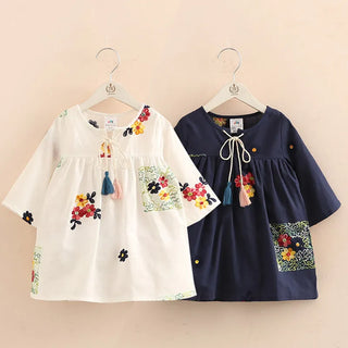 2023 Spring Autumn New Arrival 2-12T Children Kids Clothing Blue White Color Long Tops Baby Girls Tassels Loose Blouses Shirt