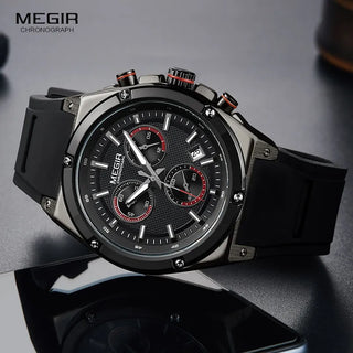 Megir Men Black Silicone Sports Quartz Wrist Watches Luminous Relojios Relojes Waterproof Chronograph Clock Montres Q2073G-BK-1