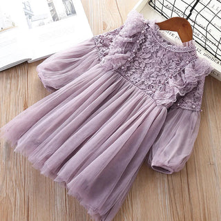 Girl Dresses Lantern Sleeve kids clothing Party Princess Spring Kids Lace Children Dress with Pearls Purple and White 3-7T