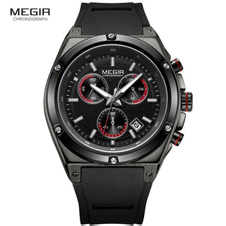Megir Men Black Silicone Sports Quartz Wrist Watches Luminous Relojios Relojes Waterproof Chronograph Clock Montres Q2073G-BK-1