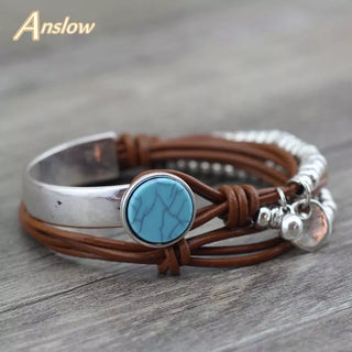 Anslow New Design Fashion Jewelry Summer Style Resin Silver-plated Beads Leather Bracelet For Women Valentine's Day LOW0501LB