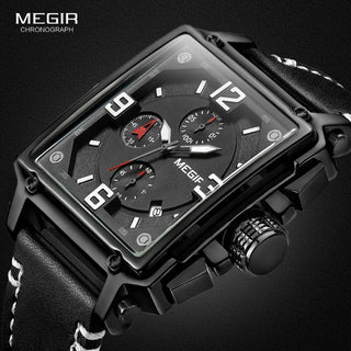 MEGIR Men's Sports Chronograph Wrist Watch for Men Army Leather Square Quartz Stop Watch Clock Man Relogios Masculino 2061Black