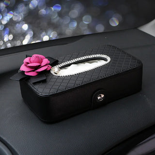 Car Room PU Leather Flowers Tissue Box Napkin Holder Leather Home Office Hotel Hanging Car Tissue Paper Box Girls Women