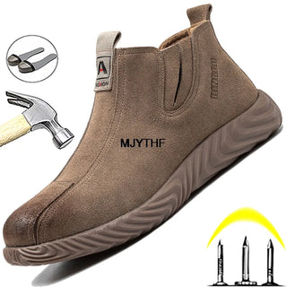 Indestructible Safety Shoes Men Soft Bottom Work Shoes Chelsea Boots Steel Toe Work Safety Boots Cowhide Welder Shoes Men Boots