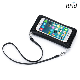 Luxury Genuine Leather Women Clutch Wallet RFID Anti-theft Purse Ladies Transparent Touch Screen Phone Holder Small Shoulder Bag