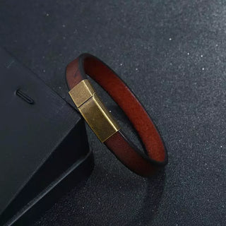 Men Jewelry Brown Leather Bracelet Stainless Steel Magnetic