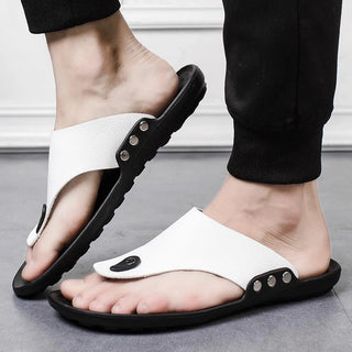 40# Summer Rome Men's Slippers Flip Flop Beach Slipper Comfortable T-strap Open Toe Slipper Men's Sandals Pu Spliced Shoes Men