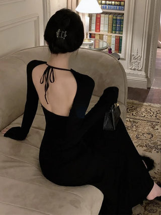 Maxi Black Dress Women Backless Design Slim Tender Vintage Long-sleeve Casual Spring Party French Style Fashion All-match Basic