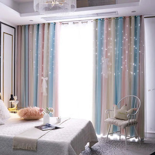 Hollow Star Double Layer Blackout Curtains for Bedroom Kids Girl Pink Sheer Window Curtains for Living Room with White Tulle