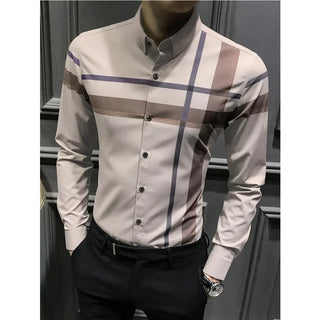 Plaid Long Sleeve Shirt Stripe Breathable Silk