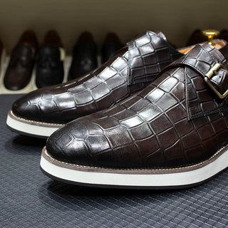 Men's Leather Casual Shoes Crocodile Pattern Luxury Brand Handmade Single Buckle Monk Strap Sneakers Flat Dress Shoes for Men
