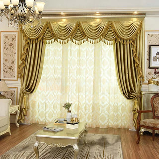 European Style Curtains for Living Room Luxury Golden Gray Cortina Water Wave Valance Various Styles of Valance Blackout Curtain