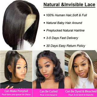 Indian Hair Straight Short Bob Wigs Lace Front Human Hair Wig 13x4 Transparent Lace Pre Plucked Frontal Wigs for Women Free Part