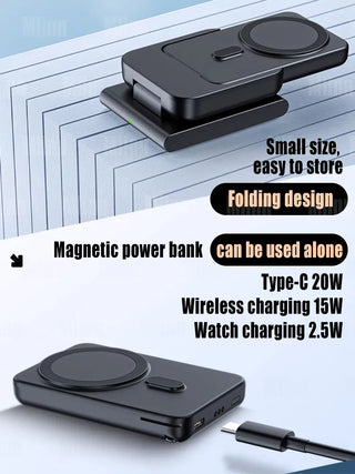 MacSafe 3 in 1 Magnetic Power Bank Wireless Charging Station 5000mAh External Auxiliary Battery For iPhone 15 14 12 Apple Watch