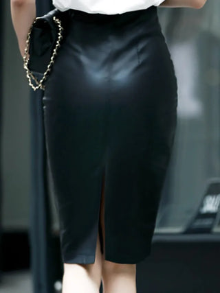 Aachoae Black PU Leather Skirt Women 2022 New Midi Sexy High Waist Bodycon Split Skirt Office Pencil Skirt Knee Length