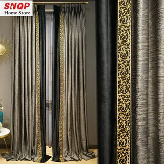 European Luxury Velvet Curtains for Living Room Dining Blackout Bedroom Tulle Grey Vintage Golden Lace Stitching Custom Elegant