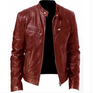 Mens Leather Jacket Slim Fit Stand Collar PU