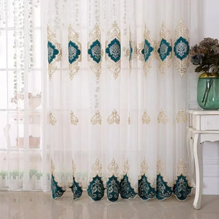European Embroidered Tulle Blue Curtains for Living Room Bedroom Luxury Sheer Window Screen Velvet  Coffee Drape Voile Door