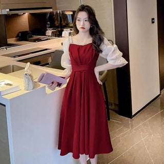 2023 Summer Women's French Pearl Collar Midi Dress Korean Ladies Graceful Evening Party Patchwork Red Gown Slim Waist Dresses