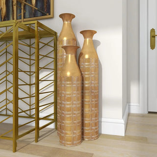 Gold Flower Vase Decoration Home Metal Tall Distressed Metallic Vase With Etched Grid Patterns Vases Set of 3