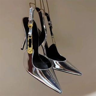 Fashion Women Patent Leather High Heels Shoes Sexy Pointed Toe Metal Buckle Stiletto Sandals Lady Pink Rhinestone Shallow Pumps