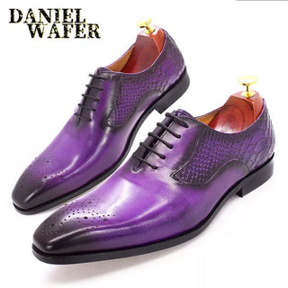 Luxury Men's Oxford Genuine Leather Shoes Snake Skin Prints Fashion Men Dress Shoes Black Purple Lace Up Square Formal Shoes Men