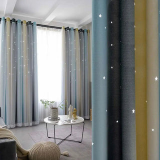 Hollow Star Double Layer Blackout Curtains for Bedroom Kids Girl Pink Sheer Window Curtains for Living Room with White Tulle