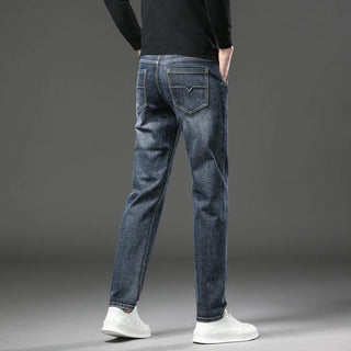 2023 Winter Men's Warm Jeans Thicken Fleece Slim Straight Soft Elastic Business Casual Denim Pants Brand Male Trousers Blue Gray