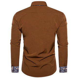 Brown Solid Casual Shirts For Men Blue Paisley Color Contrast Fashion Dress Shirt Luxury Designer Men Clothing
