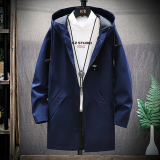 Autumn and Winter Korean Style Men Cardigan Mid-length Trench Coat Men's Hooded Solid Jacket Casual Windbreaker Male 8929