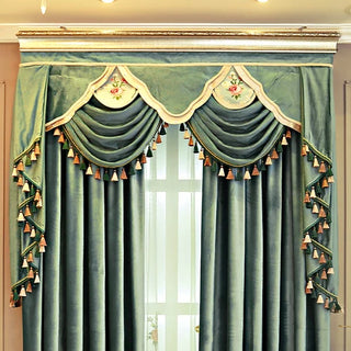 High Grade Blue and Green Velvet Embroidery Thickened Shading Curtains for Living Room Bedroom Villa High Window Customization