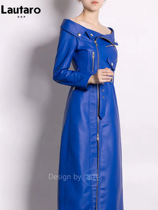 Lautaro Spring Autumn Cool Blue Pu Leather Maxi Biker Dress Women Zipper Belt Off Shoulder Elegant Luxury Designer Clothing 2023
