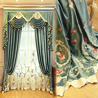 High Grade Blue and Green Velvet Embroidery Thickened Shading Curtains for Living Room Bedroom Villa High Window Customization