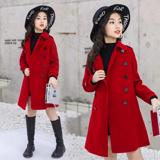 Kids Girls long Woolen Coat Clothes Red Thicken Warm Winter Autumn Outwear Wool Fleece Plus Size jacket Childrens Clothing