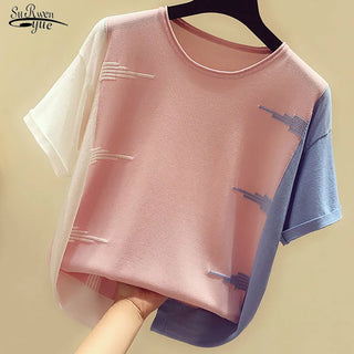Casual Slim Women Tops Nice Short Sleeve Ladies Shirt Korean Blouse Women Blusas Mujer 2023 Summer Knitted Tee Shirt New 9761