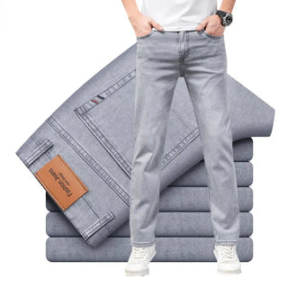 2023 Brand Thin or Thick Material Straight Cotton Stretch Denim Men's  Business Casual High Waist Light Grey Blue Jeans