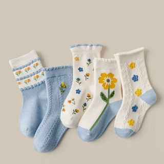 5 Pairs Kids Medium Socks Spring Autumn Cotton Girls Boys Socks Flowers Cartoon Pattern for Children Baby Clothing Accessories