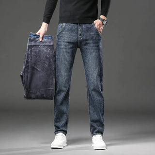 2023 Winter Men's Warm Jeans Thicken Fleece Slim Straight Soft Elastic Business Casual Denim Pants Brand Male Trousers Blue Gray