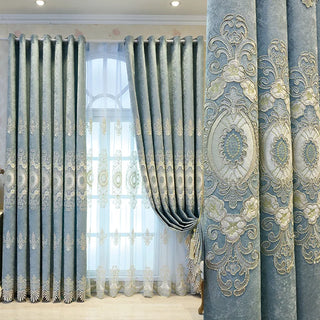 European Embroidery Blue Luxury Curtains for Living Room Bedroom Dining Blackout Window Decor Chenille Jacquard Tulle Custom