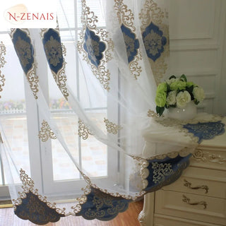 European Embroidered Tulle Blue Curtains for Living Room Bedroom Luxury Sheer Window Screen Velvet  Coffee Drape Voile Door